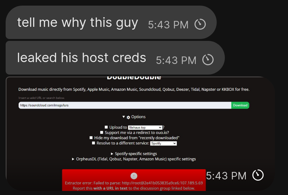 Message from friend showing the leaked credentials
